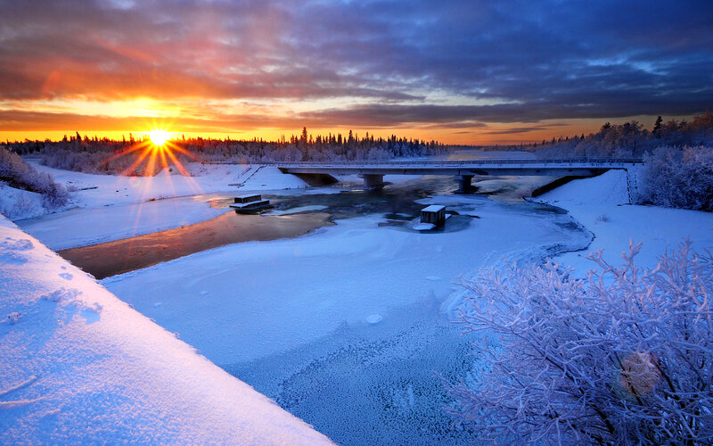 Frozen River at Sunset — Blue, Dramatic, Photograph