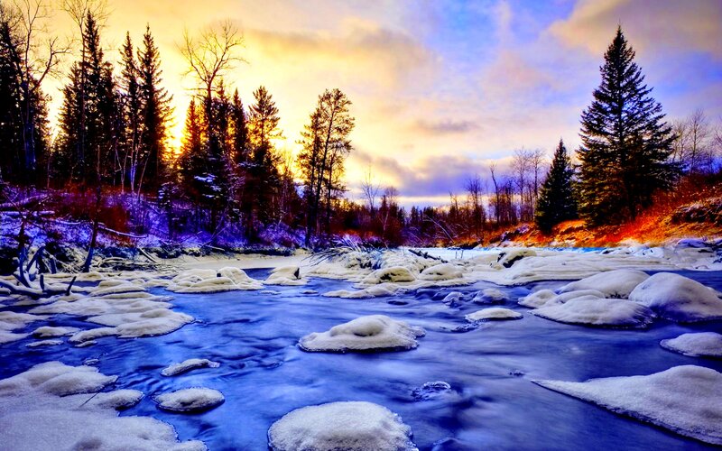 Frozen River at Sunset — Blue, Dramatic