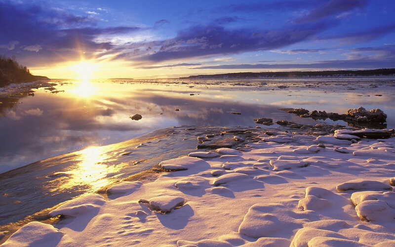 Frozen River at Sunset — Blue, Serene, Photograph, Sun, Ice, Clouds