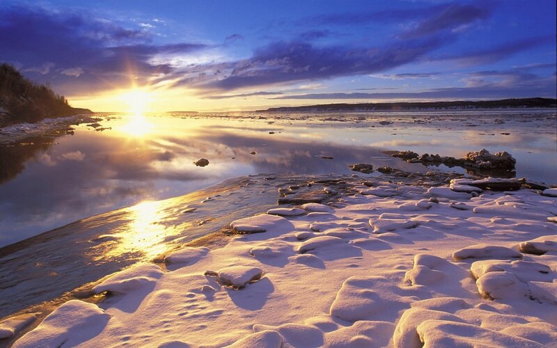 Frozen River at Sunset — Blue, Serene, Photograph, Sun, Ice