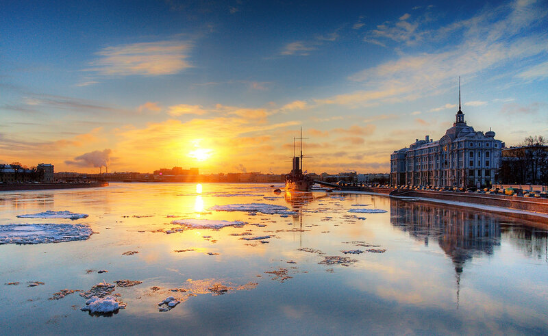 Frozen River at Sunset — Blue, Serene, Photograph
