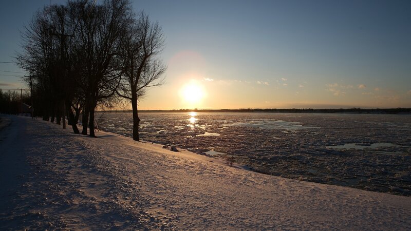 Frozen River at Sunset — Blue, Serene, Photograph, Trees, Snow