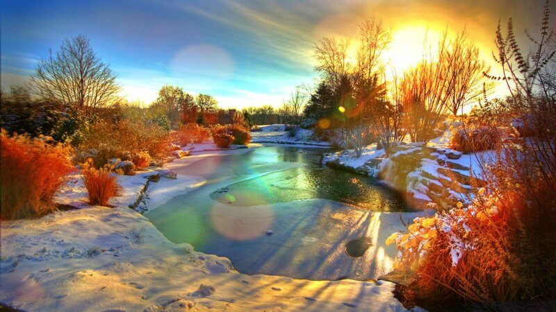 Frozen River at Sunset — Blue, Serene, Winter, Photograph, Snow