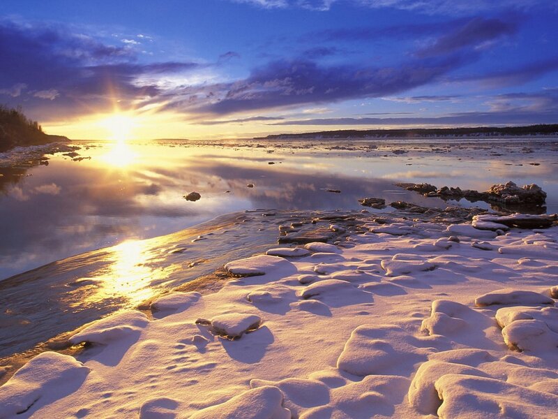 Frozen River at Sunset — Blue, Serene, Winter, Photograph, Sun