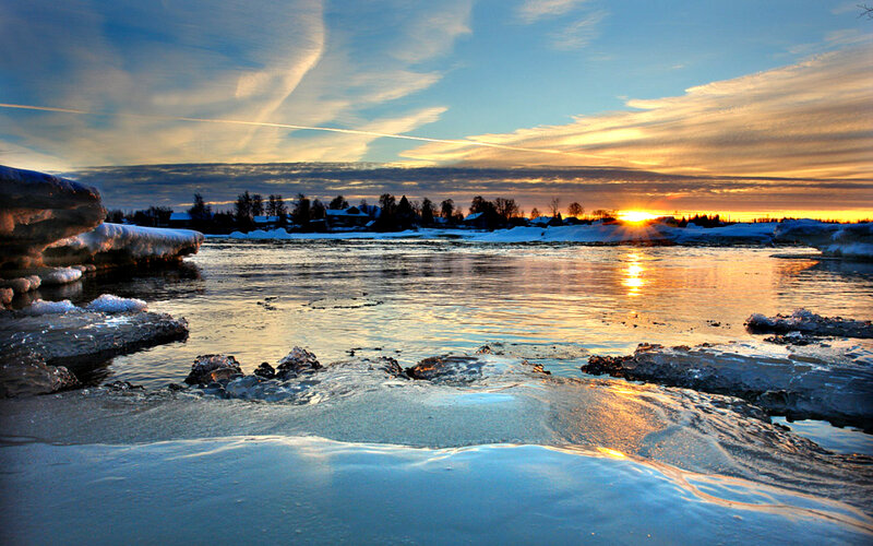 Frozen River at Sunset — Blue, Serene, Winter