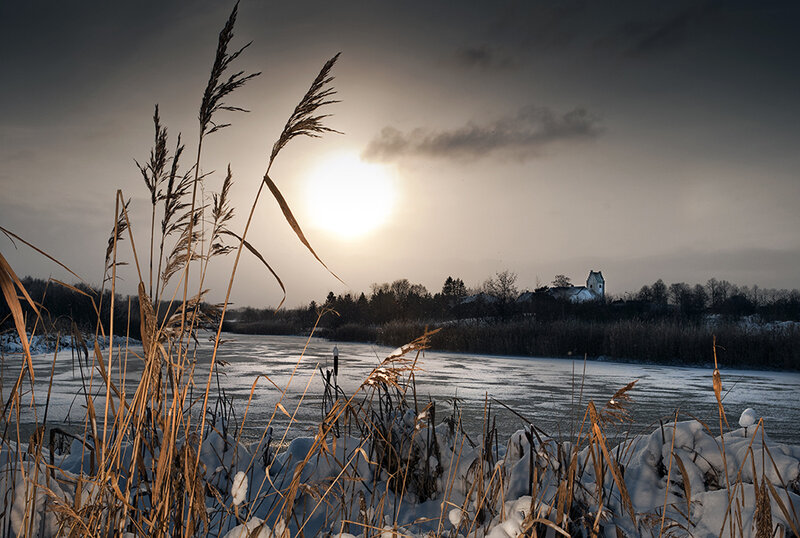 Frozen River at Sunset — Gray