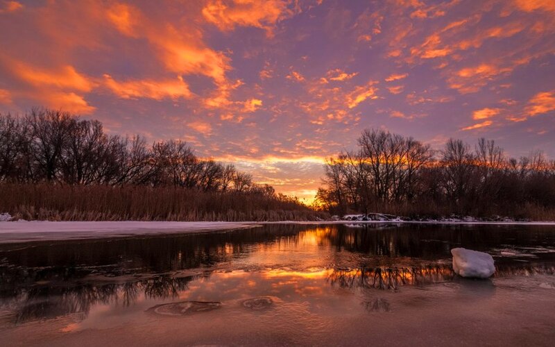 Frozen River at Sunset — Orange, Dramatic, Photograph, Sky