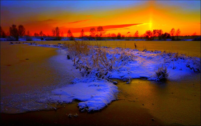Frozen River at Sunset — Orange, Dramatic, Photograph, Snow