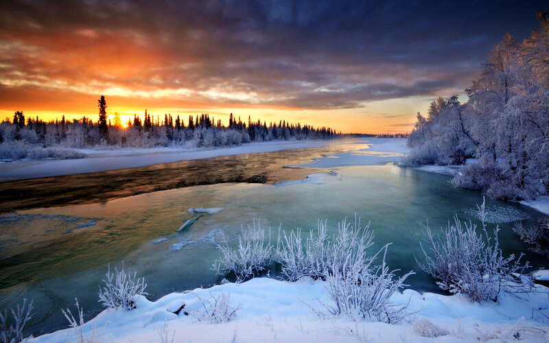 Frozen River at Sunset — Orange, Dramatic, Photograph, Snow, Trees