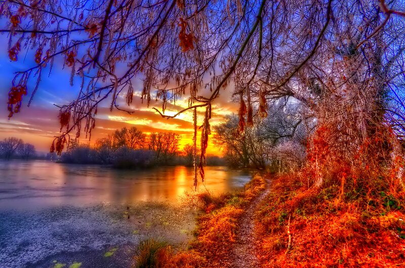 Frozen River at Sunset — Orange, Dramatic, Photograph, Trees, Path