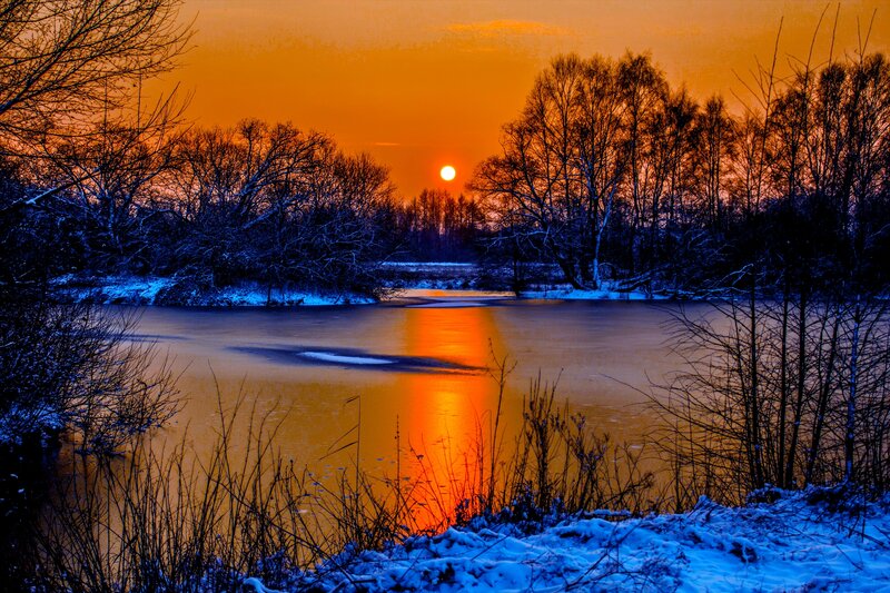 Frozen River at Sunset — Orange, Dramatic, Photograph, Trees, Snow, Sun