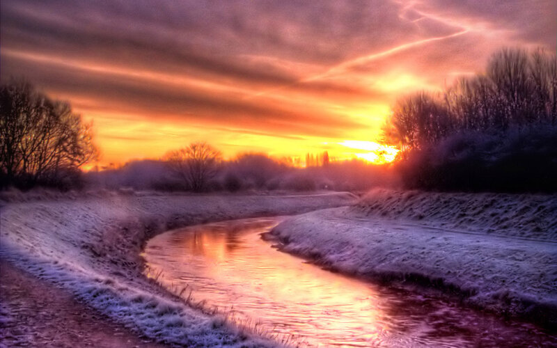 Frozen River at Sunset — Orange, Dramatic, Photograph, Trees