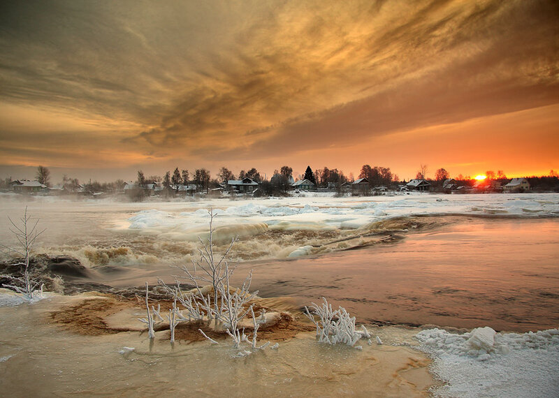 Frozen River at Sunset — Orange, Dramatic, Photograph, Village