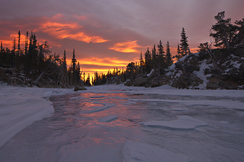Frozen River at Sunset — Orange, Dramatic