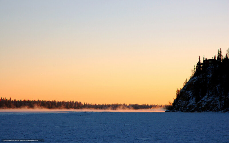 Frozen River at Sunset — Orange, Serene, Photograph, Forest