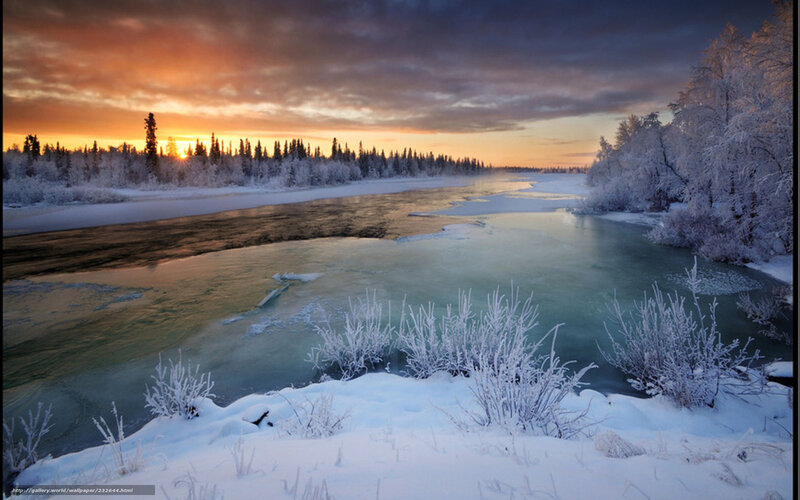 Frozen River at Sunset — Orange, Serene, Photograph, Snow