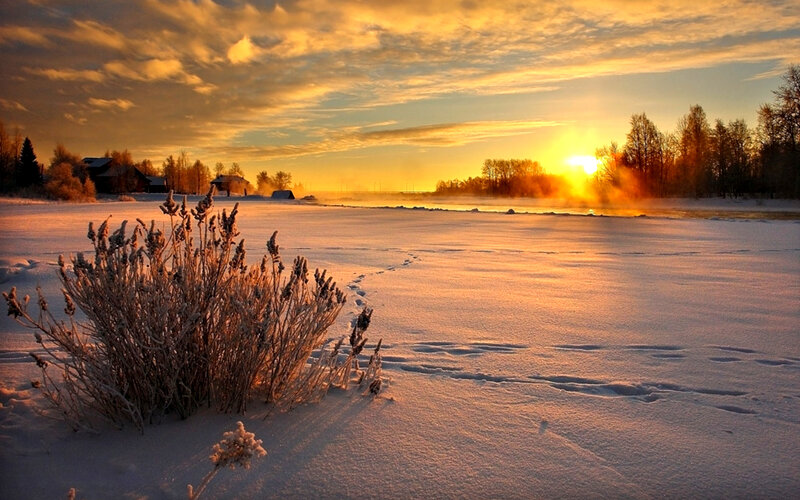 Frozen River at Sunset — Orange, Serene, Photograph