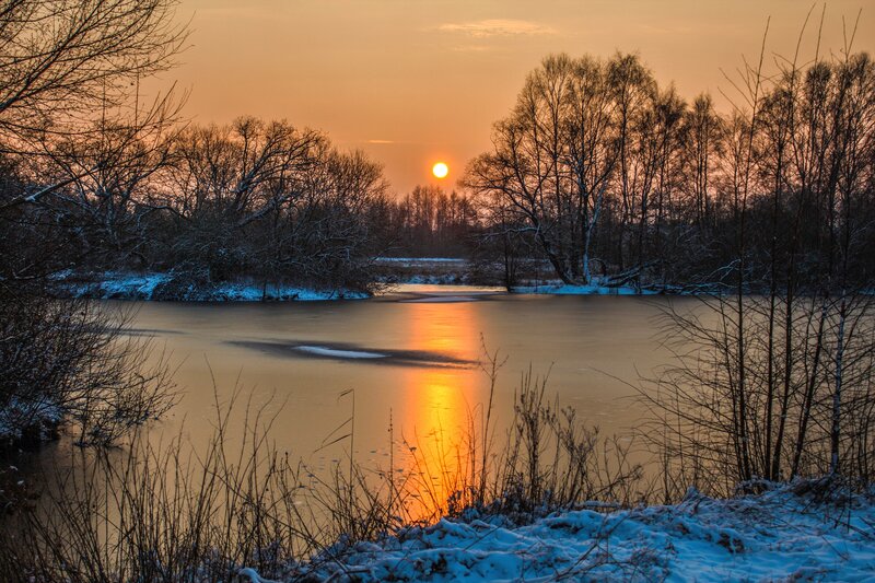 Frozen River at Sunset — Orange, Serene, Photograph, Trees, Snow