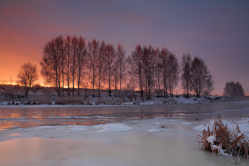 Frozen River at Sunset — Orange, Serene, Photograph, Trees