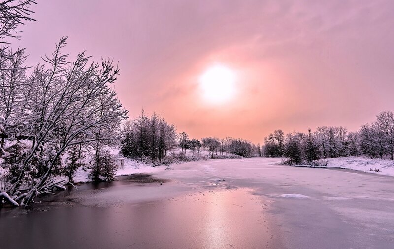 Frozen River at Sunset — Pink