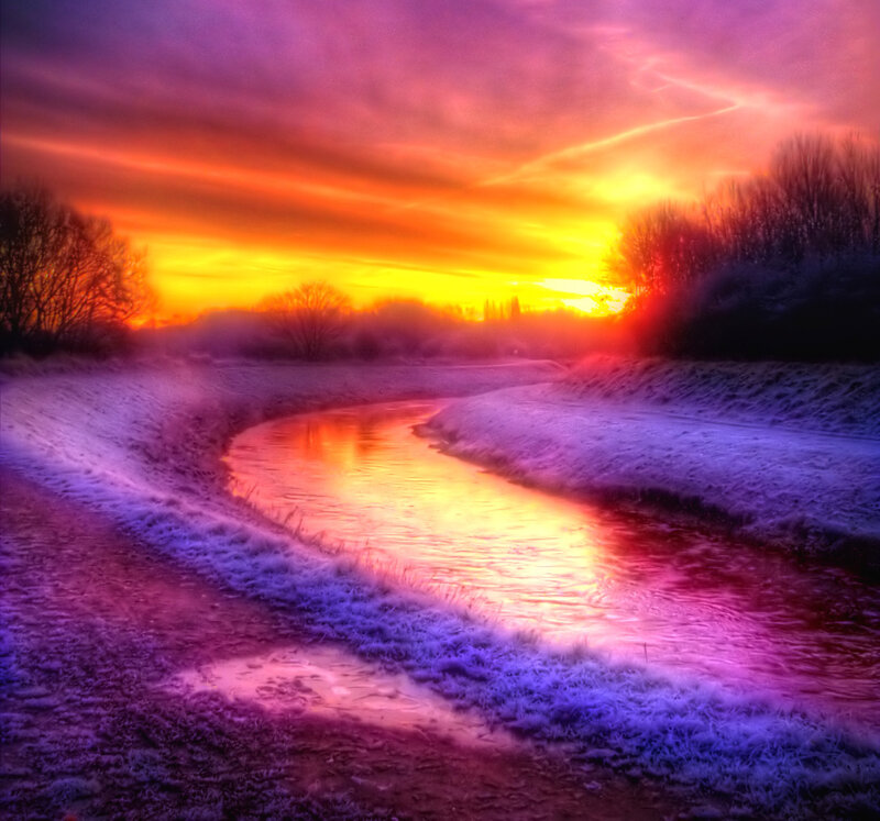 Frozen River at Sunset — Purple, Dramatic