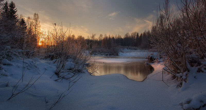 Frozen River at Sunset — White, Serene