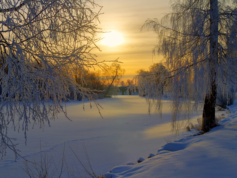 Frozen River at Sunset — White