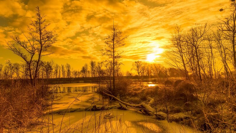 Frozen River at Sunset — Yellow, Dramatic