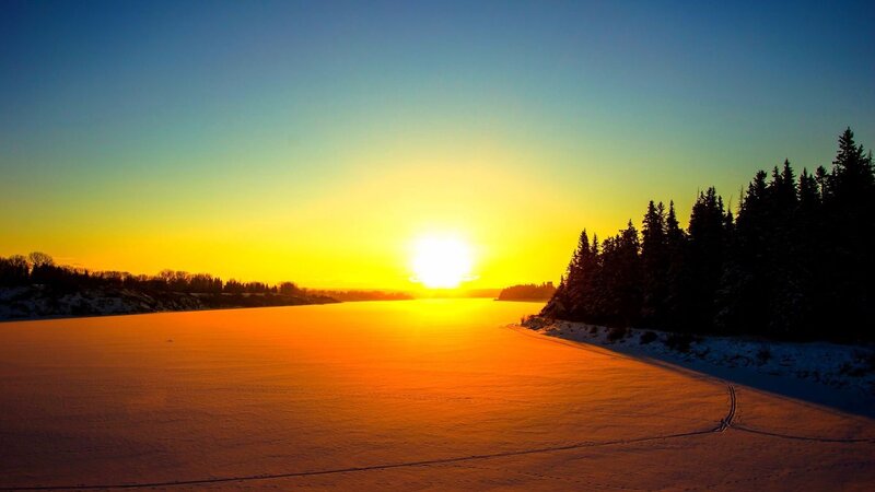 Frozen River at Sunset — Yellow, Serene, Photograph