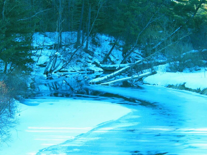Frozen River in Forest — Blue, Cold, Winter, Photograph, Snow