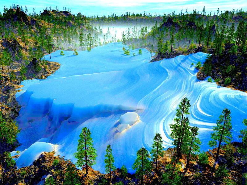 Frozen River in Forest — Blue, Serene, Winter, Digital Art
