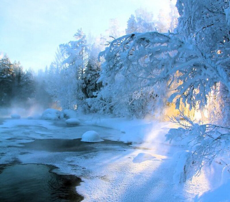 Frozen River in Forest — Blue, Serene, Winter, Photograph, Snow, Trees, Steam