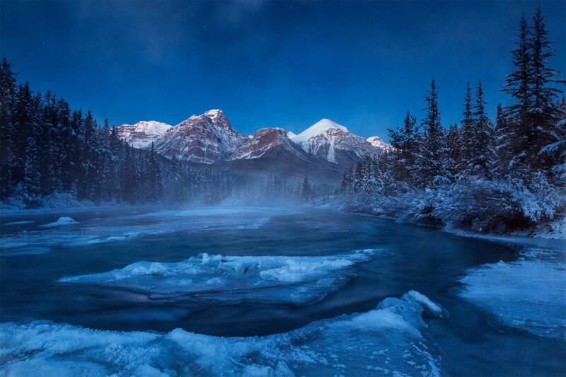 Frozen River in Mountains — Blue, Serene, Night, Photograph