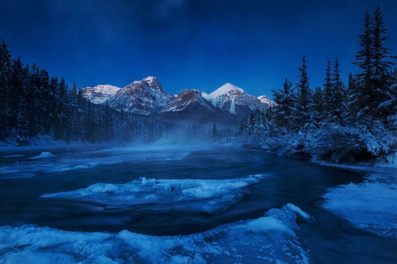Frozen River in Mountains — Blue, Serene, Night