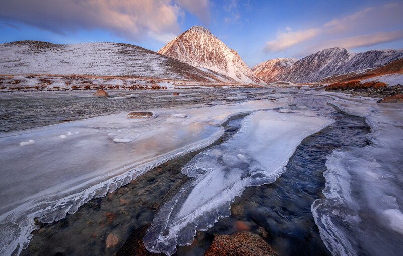 Frozen River in Mountains — Blue, Serene, Winter, Photograph, Snow-covered Hills