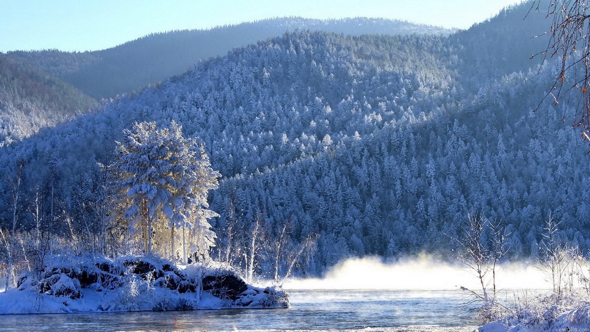 frozen river in snowy forest