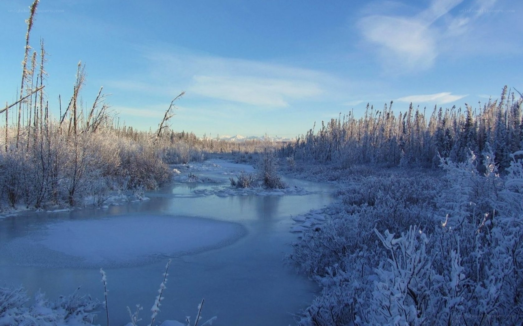 frozen river in snowy landscape