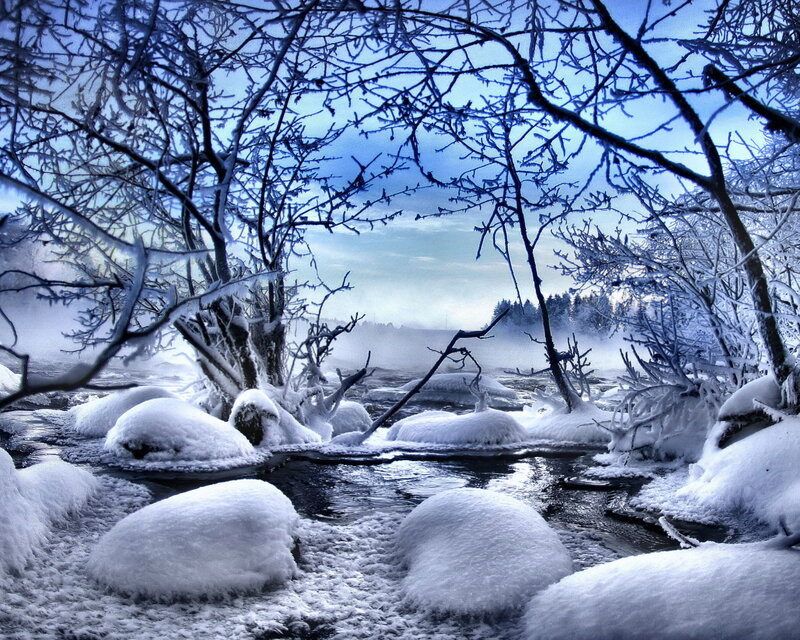 Frozen River in Winter — Blue, Cold, Photograph, Snow, Trees, Mist