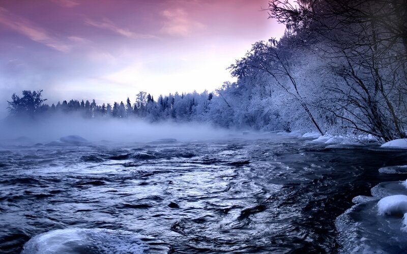 Frozen River in Winter — Blue, Cold, Photograph, Trees, Mist