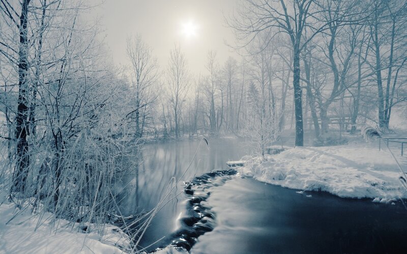 Frozen River in Winter — Blue, Cold, Photograph, Trees, Snow, Sun, White, Gray