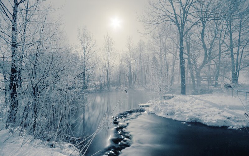 Frozen River in Winter — Blue, Cold, Photograph, Trees, Snow, Sun, White
