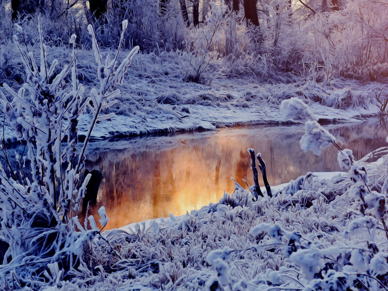Frozen River in Winter — Blue, Serene, Digital Art