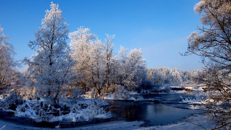 Frozen River in Winter — Blue, Serene, Photograph, Trees, Snow