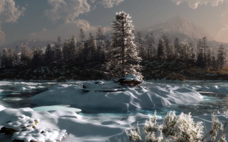 Frozen river in winter landscape