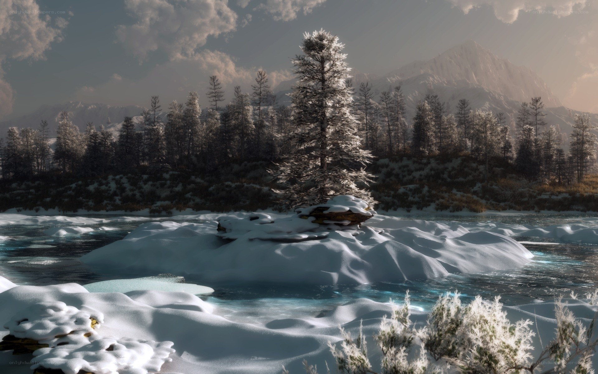 Frozen river in winter landscape
