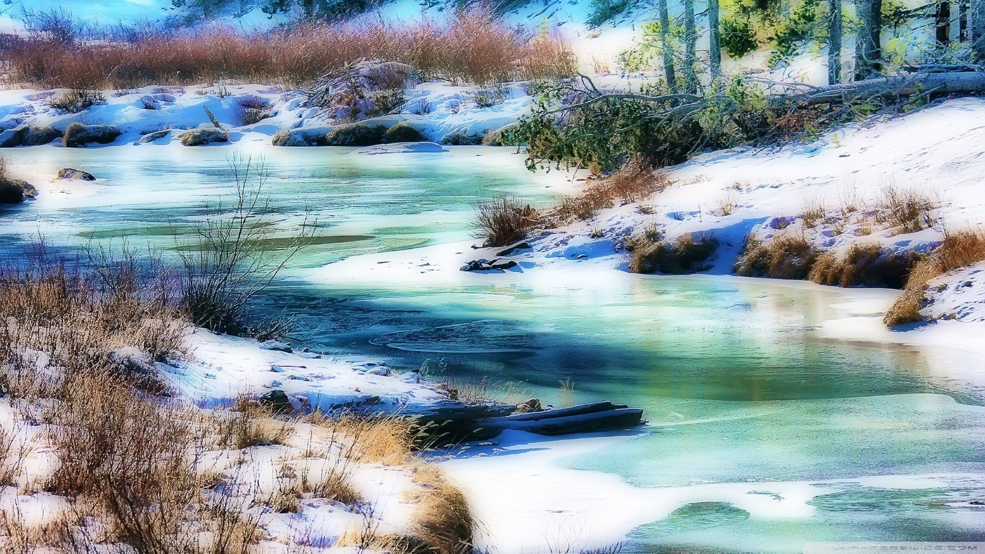 Frozen river in winter landscape