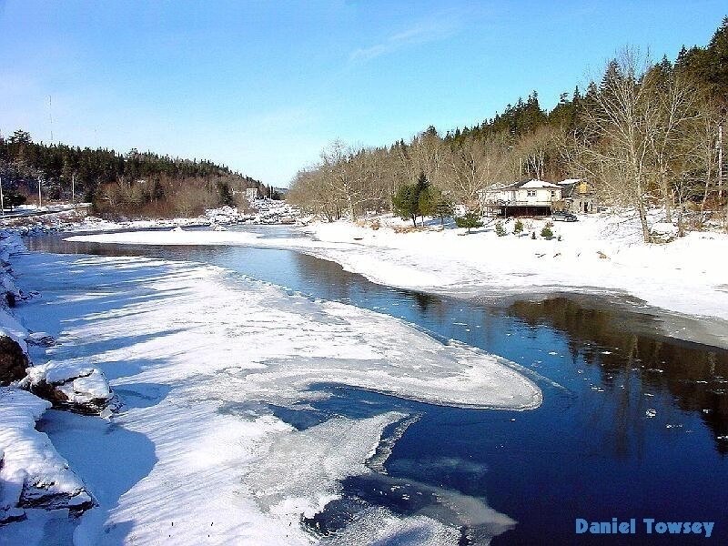 Frozen river in winter landscape