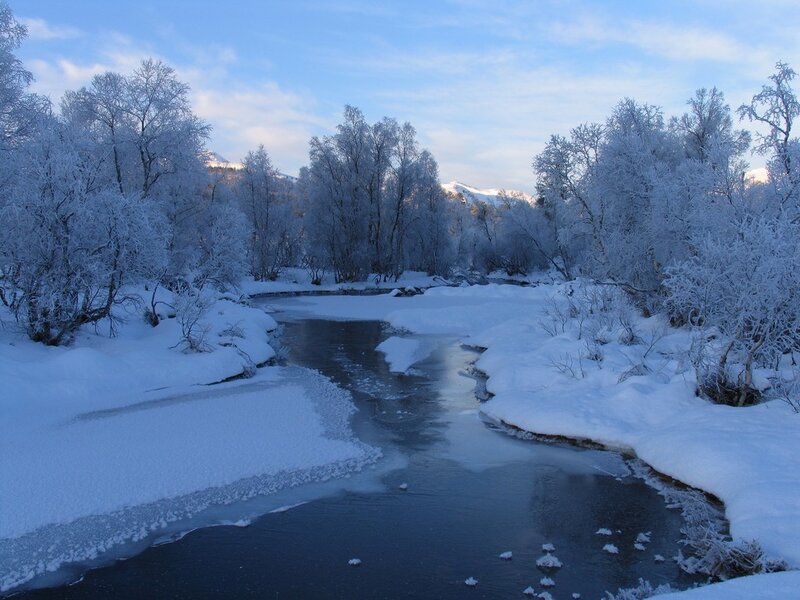 Frozen river in winter landscape