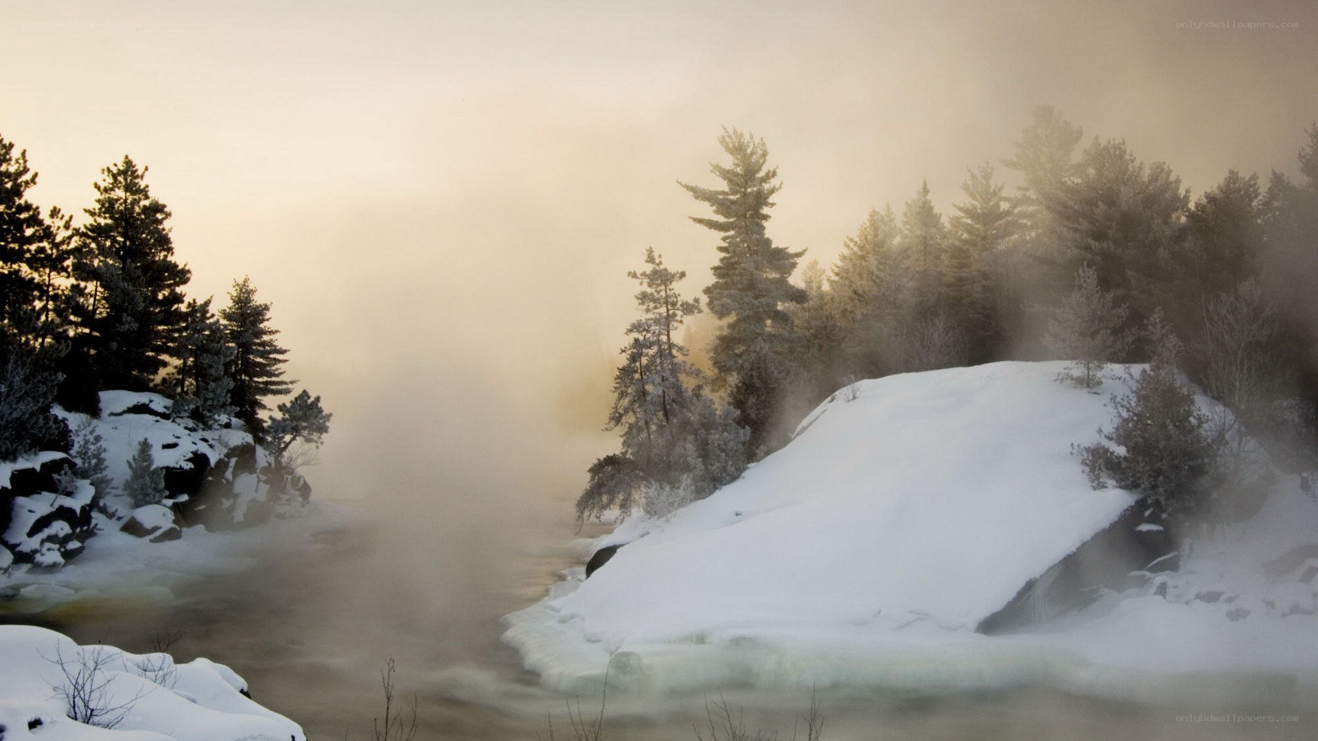 frozen river in winter mist