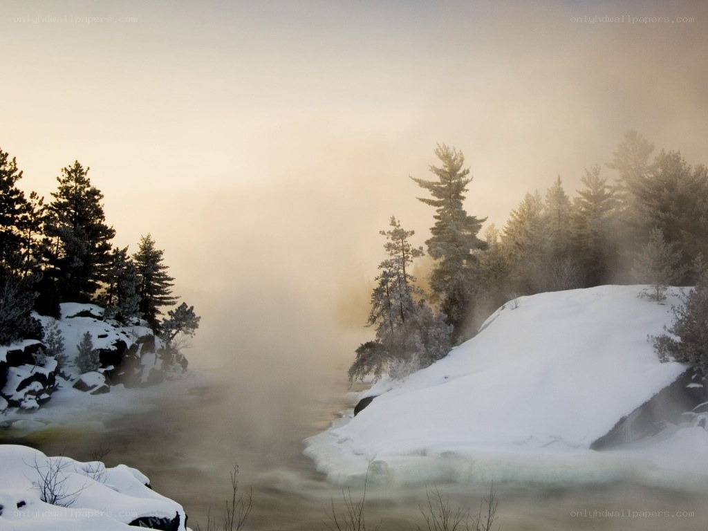 frozen river in winter mist